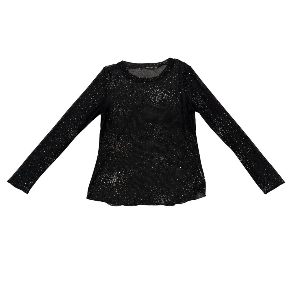 Nasty Gal Black Mesh Sparkle Long Sleeve Top Size 6